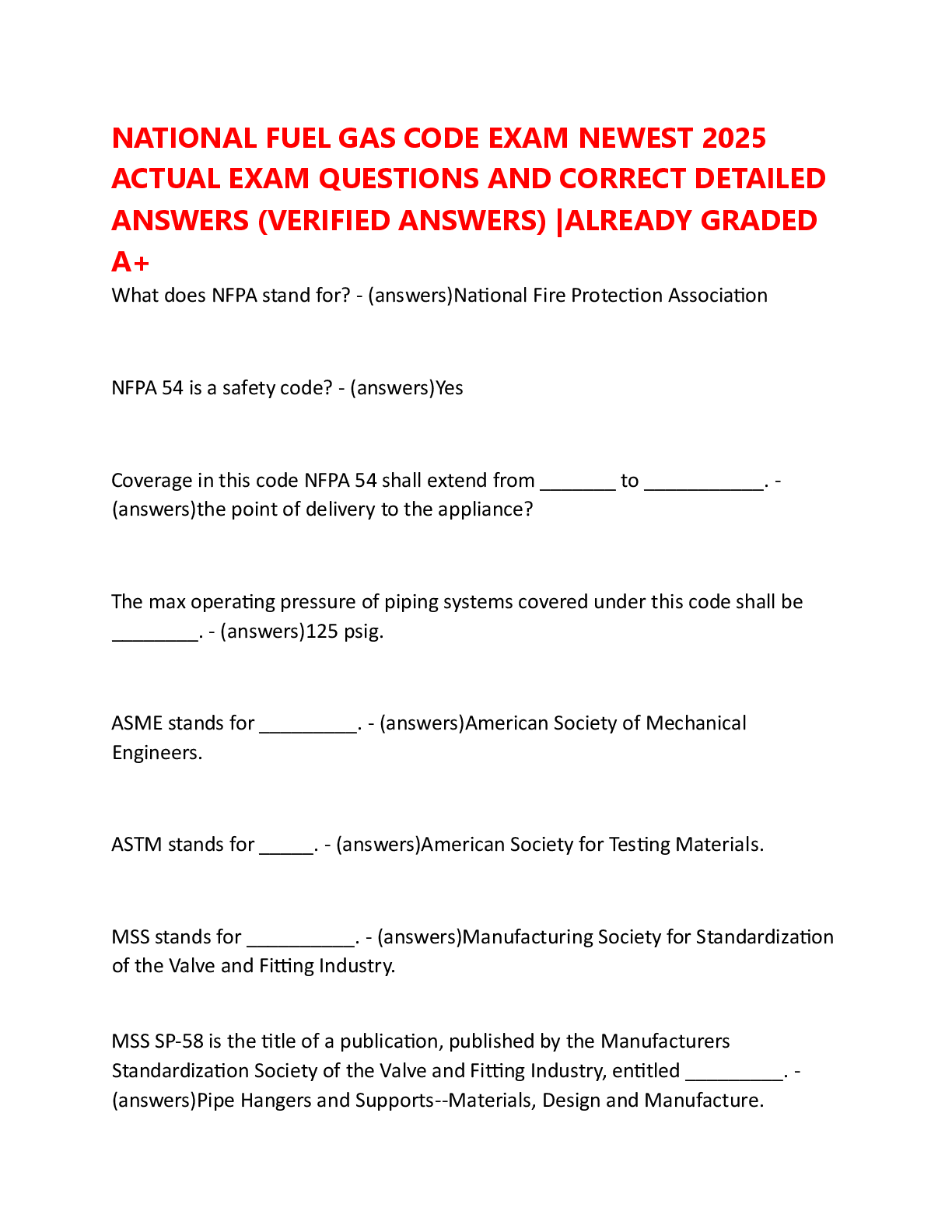 Preview image for NATIONAL FUEL GAS CODE EXAM NEWEST 2025 ACTUAL EXAM QUESTIONS AND CORRECT VERIFIED ANSWERS