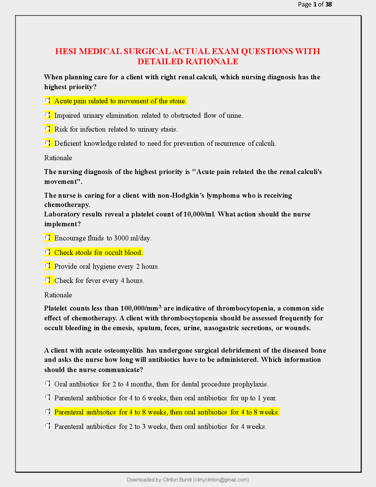 Recommended document preview for HESI MEDICAL SURGICAL ACTUAL EXAM QUESTIONS WITH  DETAILED RATIONALE