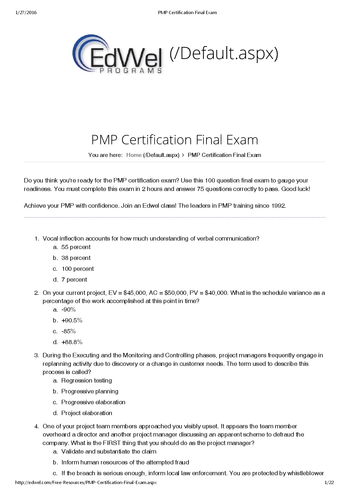 PMP Certification Final Exam