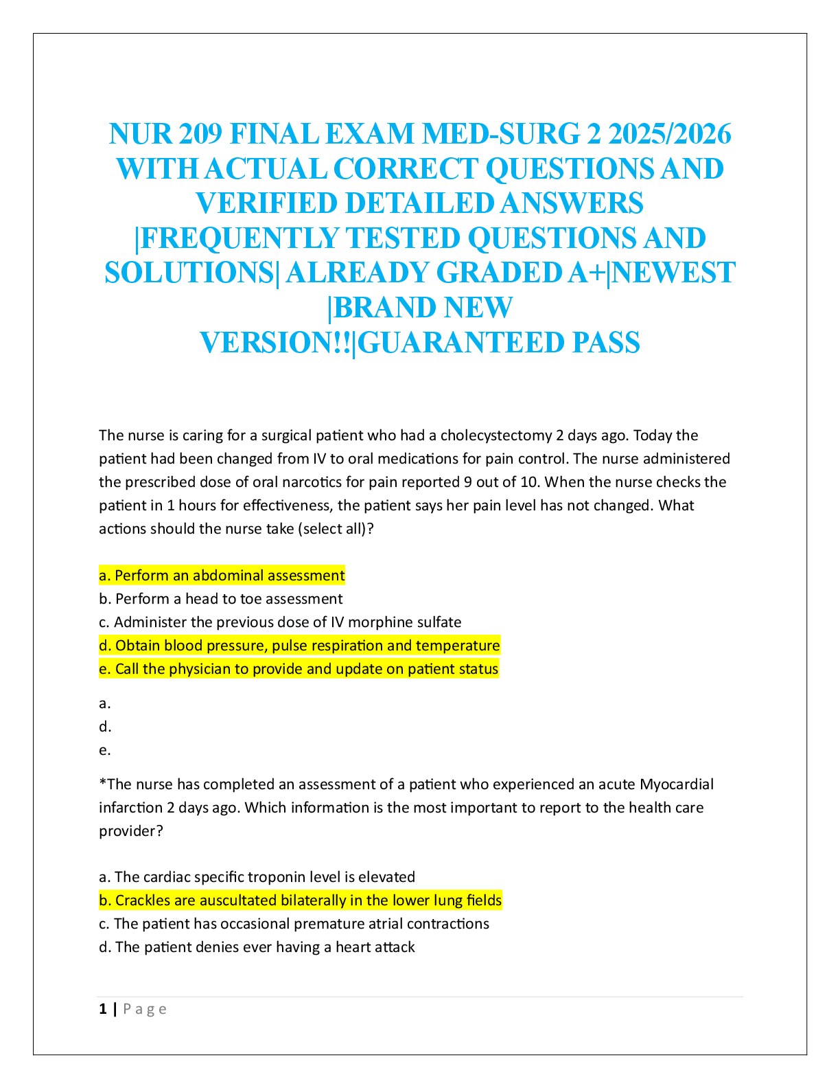 NUR 209 FINAL EXAM MED-SURG 2  