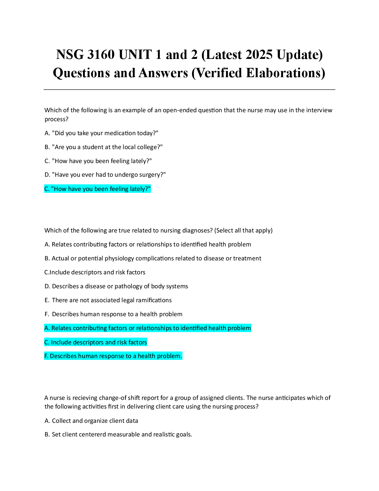 Preview image for NSG 3160 UNIT 1 and 2 (Latest 2025 Update) Questions and Answers (Verified Elaborations)