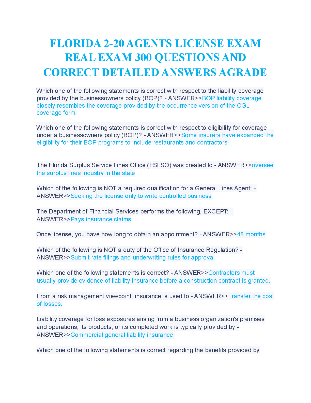 Preview image for FLORIDA 2-20 AGENTS LICENSE EXAM REAL EXAM 300 QUESTIONS AND CORRECT DETAILED ANSWERS GRADED A+