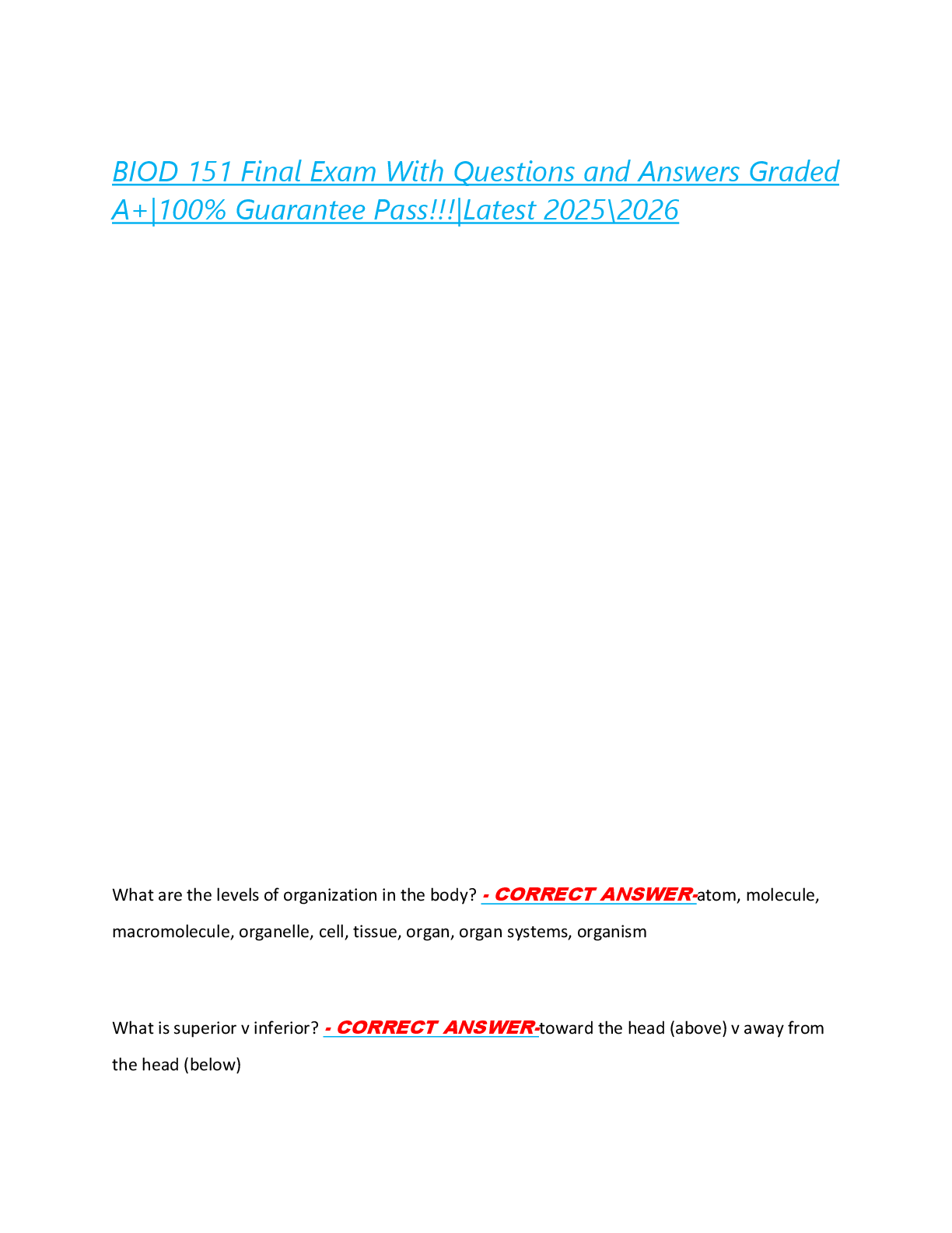 BIOD 151 Final Exam With Questions and Answers Graded  A+|100% Guarantee Pass!!!|Latest 2025\2026
