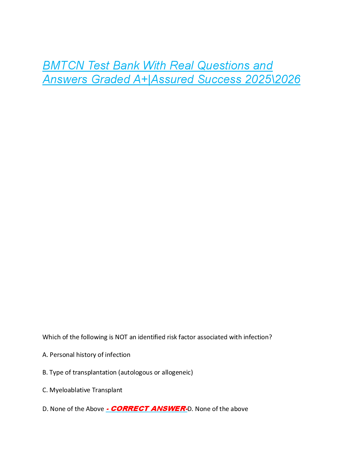 Preview of BMTCN Test Bank With Real Questions and  Answers Graded A+|Assured Success 2025\2026