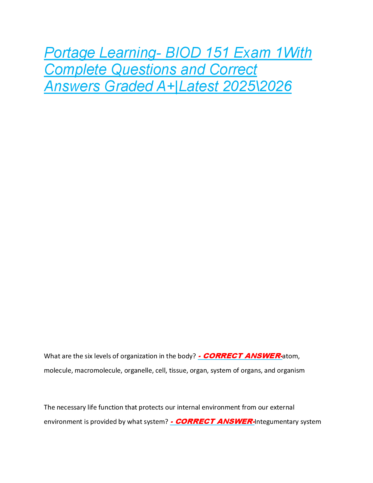 Portage Learning- BIOD 151 Exam 1With  Complete Questions and Correct  Answers Graded A+|Latest 2025\2026