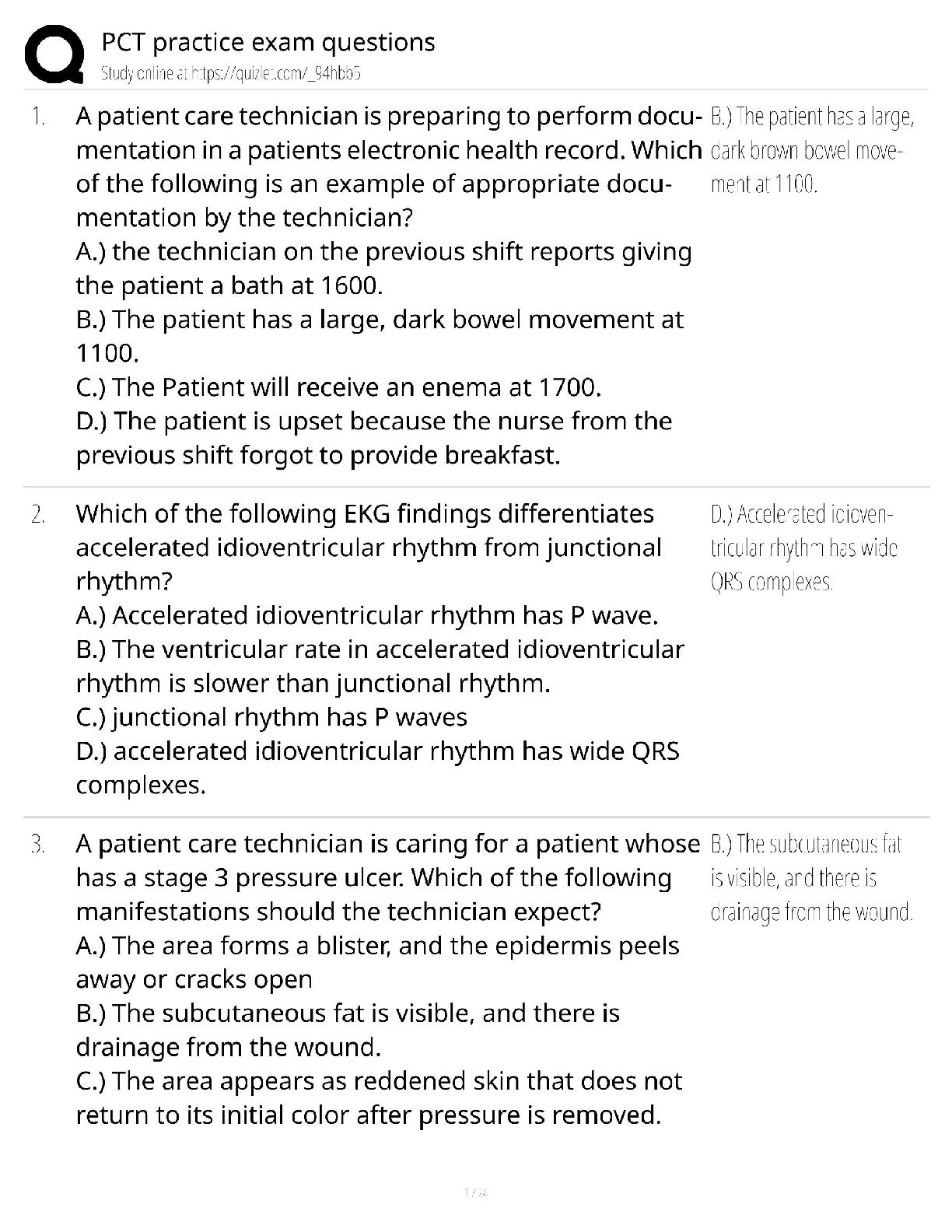 Preview of PCT Practice Exam Questions Test Bank / Patient Care Technician / 2025 Update / Score 100%