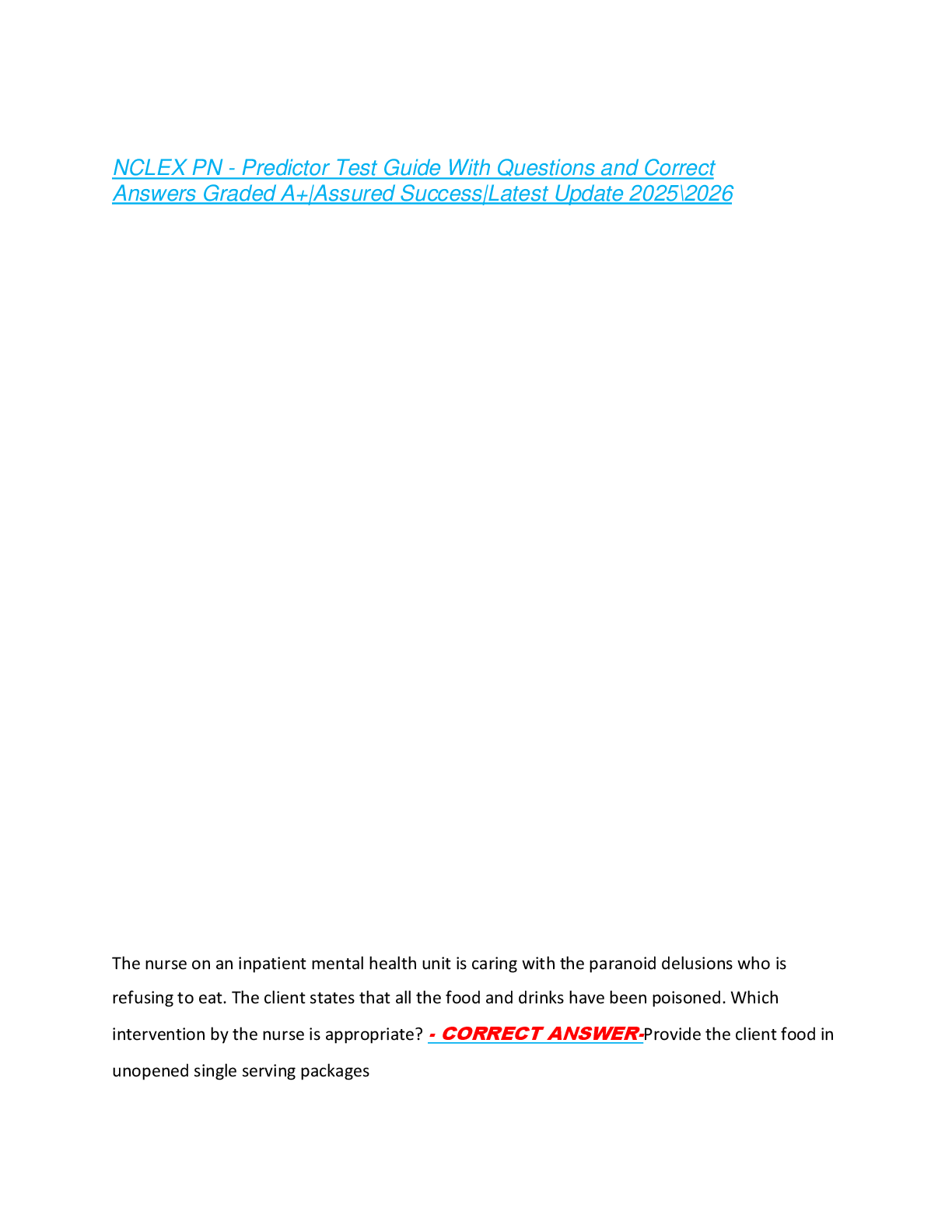 Preview of NCLEX PN - Predictor Test Guide With Questions and Correct  Answers Graded A+|Assured Success|Latest Update 2025\2026NCLEX PN - Predictor Test Guide With Questions and Correct  Answers Graded A+|Assured Success|Latest Update 2025\2026