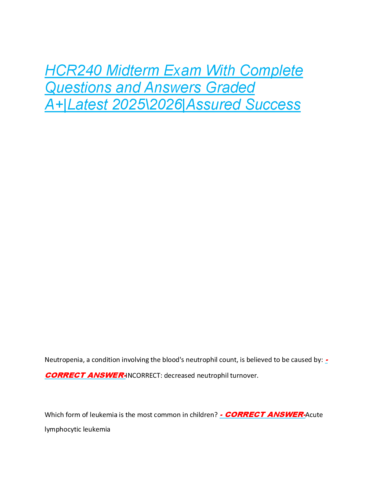 Preview of HCR240 Midterm Exam With Complete  Questions and Answers Graded  A+|Latest 2025\2026|Assur