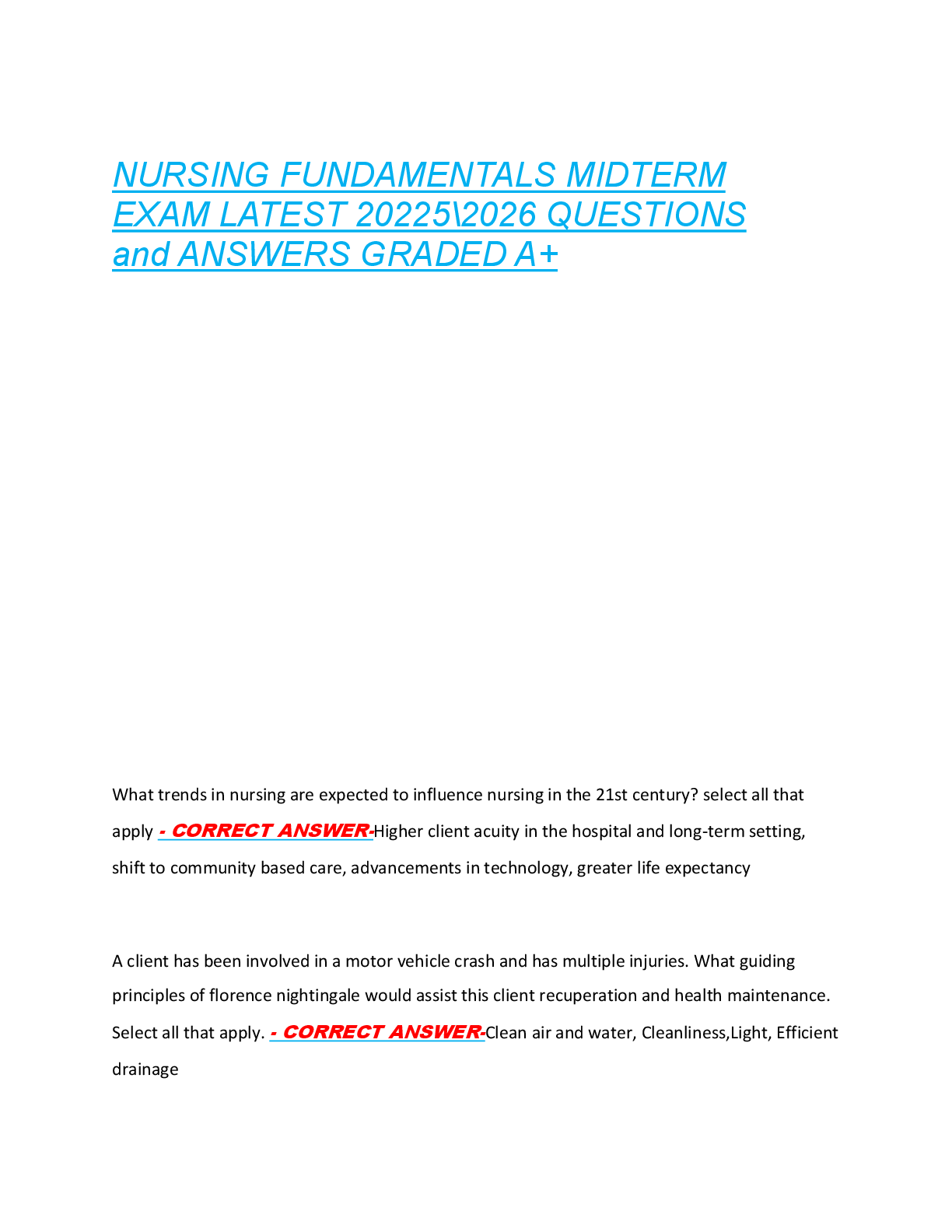 Preview of NURSING FUNDAMENTALS MIDTERM  EXAM LATEST 20225\2026 QUESTIONS  and ANSWERS GRADED A+