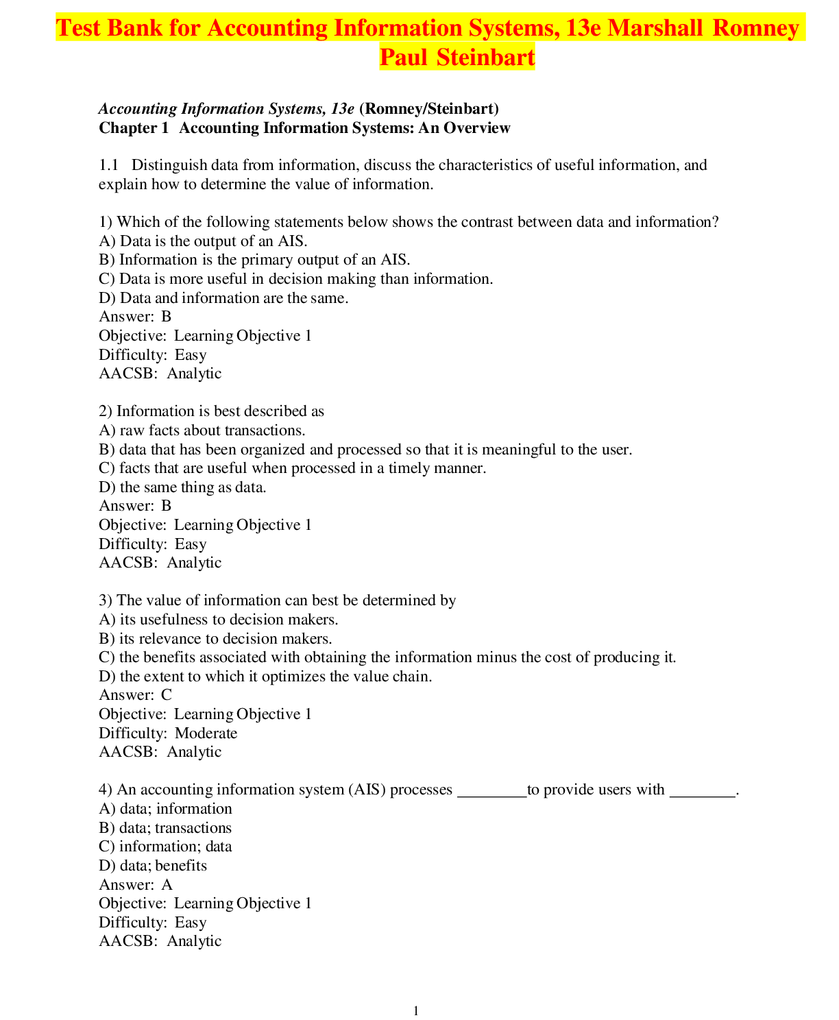 Preview image for Test Bank for Accounting Information Systems, 13e Marshall Romney Paul Steinbart All Chapters A+