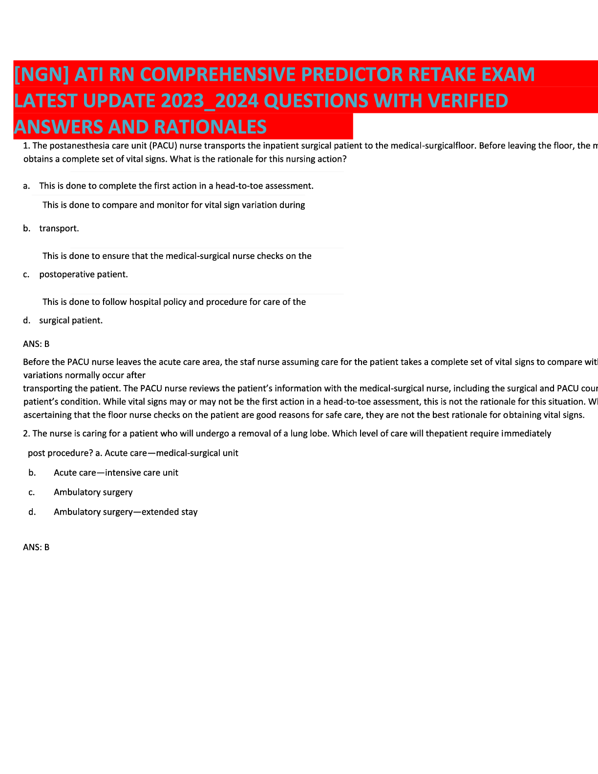 Preview image for [NGN] ATI RN Comprehensive Predictor Retake Exam Latest Update 2023-2024 Questions with Verified Answers and Rationales