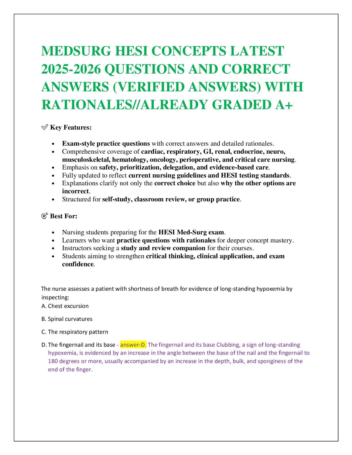 Preview of MEDSURG HESI CONCEPTS LATEST  2025-2026 QUESTIONS AND CORRECT  ANSWERS (VERIFIED ANSWERS) WITH RATIONALES//ALREADY GRADED A+