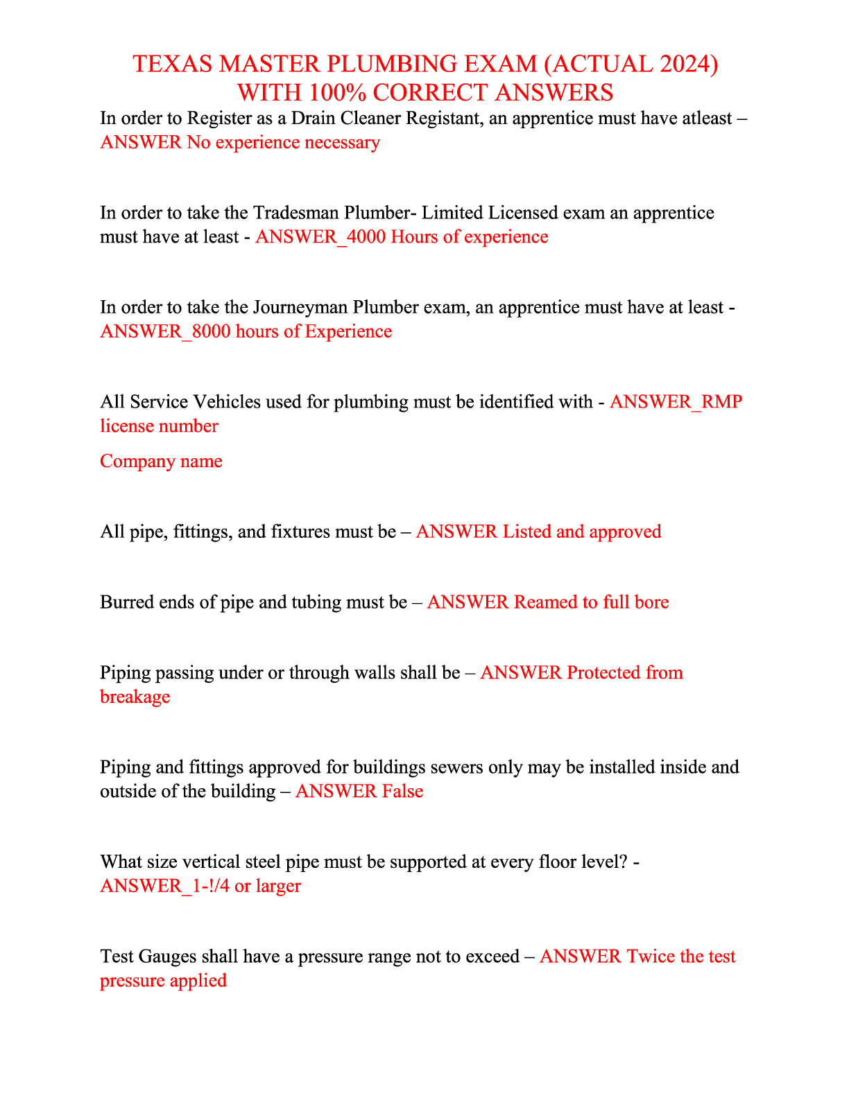 Preview image for TEXAS MASTER PLUMBING EXAM (ACTUAL 2024) WITH 100% CORRECT ANSWERS
