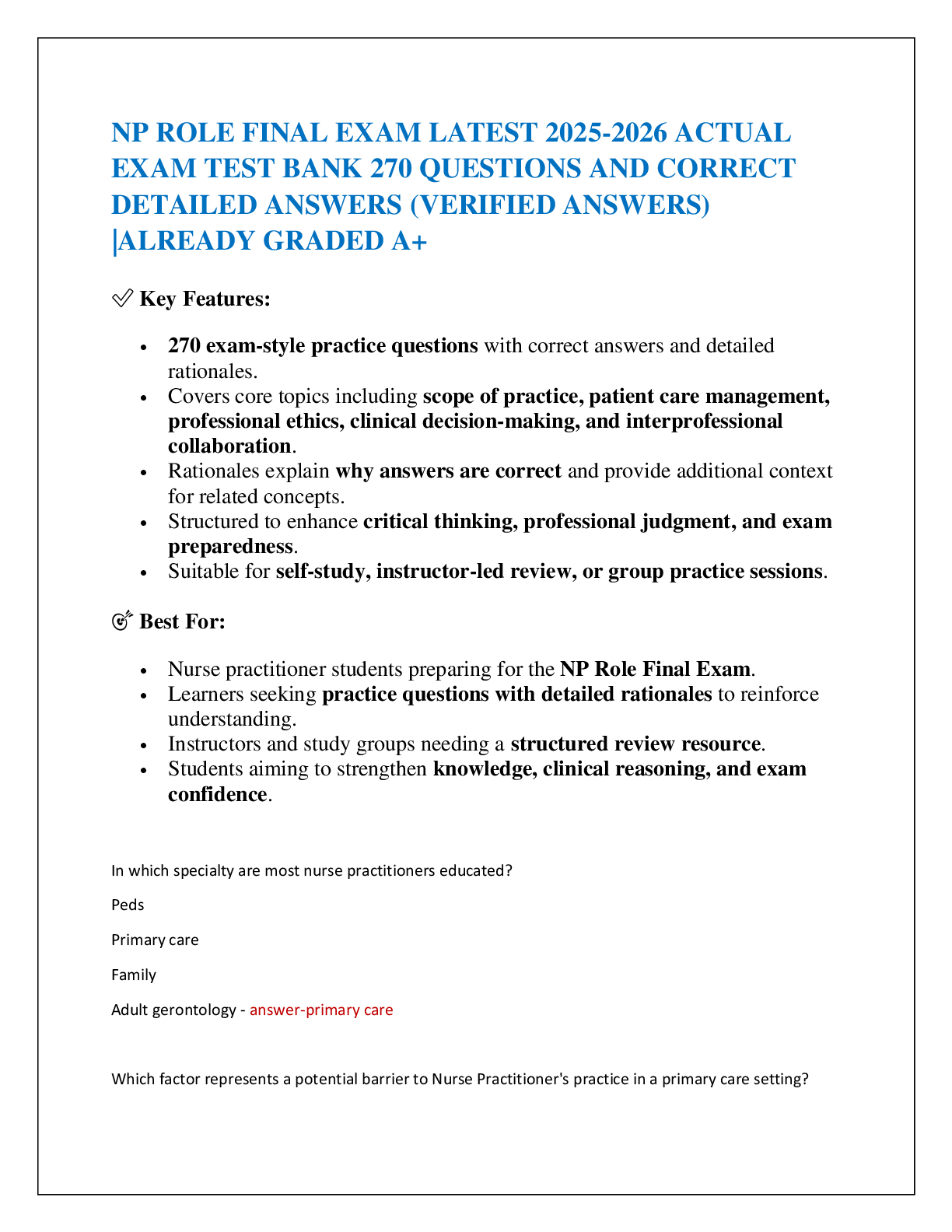 NP ROLE FINAL EXAM LATEST 2025-2026 ACTUAL  EXAM TEST BANK 270 QUESTIONS AND CORRECT  DETAILED ANSWERS (VERIFIED ANSWERS) |ALREADY GRADED A+