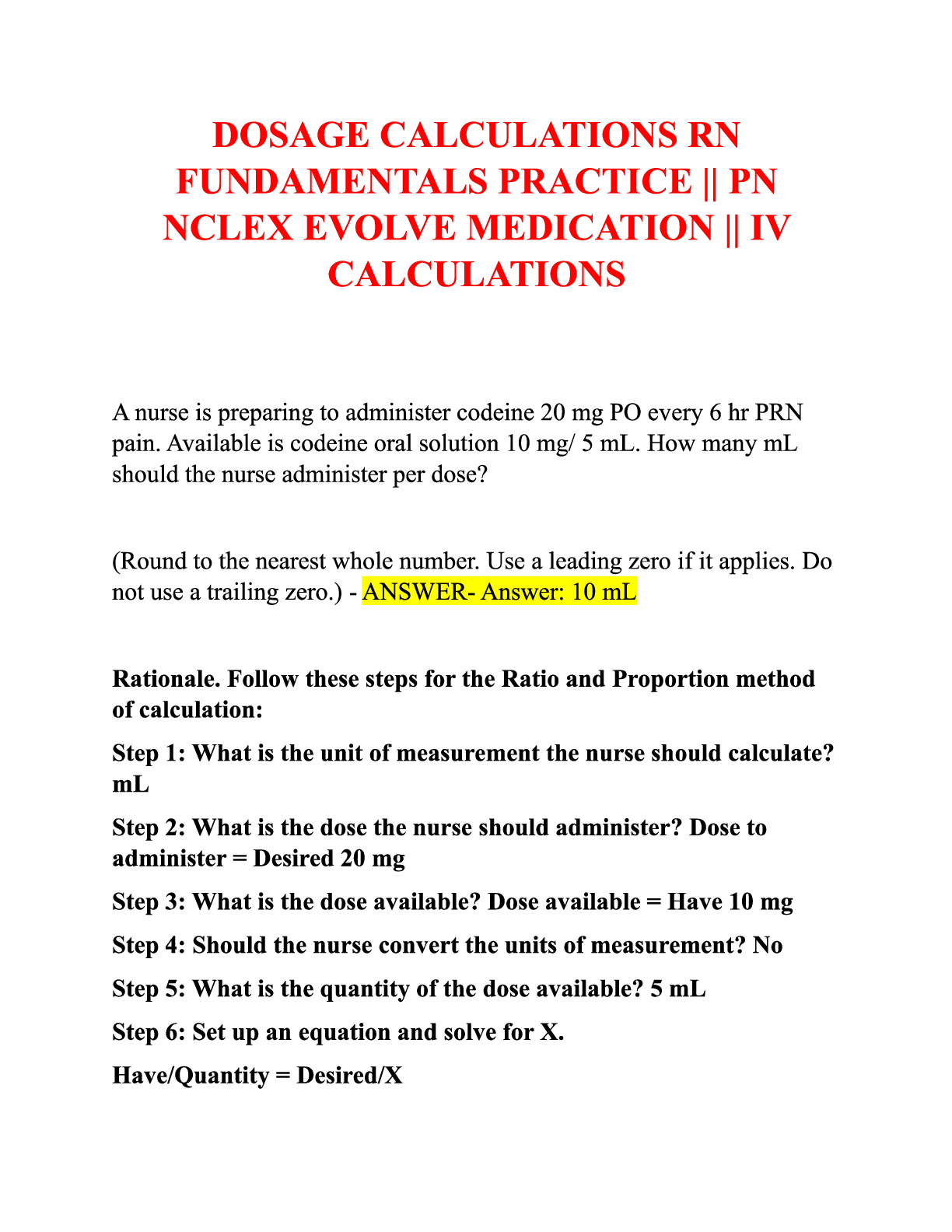 Preview image for Dosage Calculations for Registered Nurses Fundamentals Practice  Practical Nursing NCLEX Evolve Medication  Intravenous Calculations