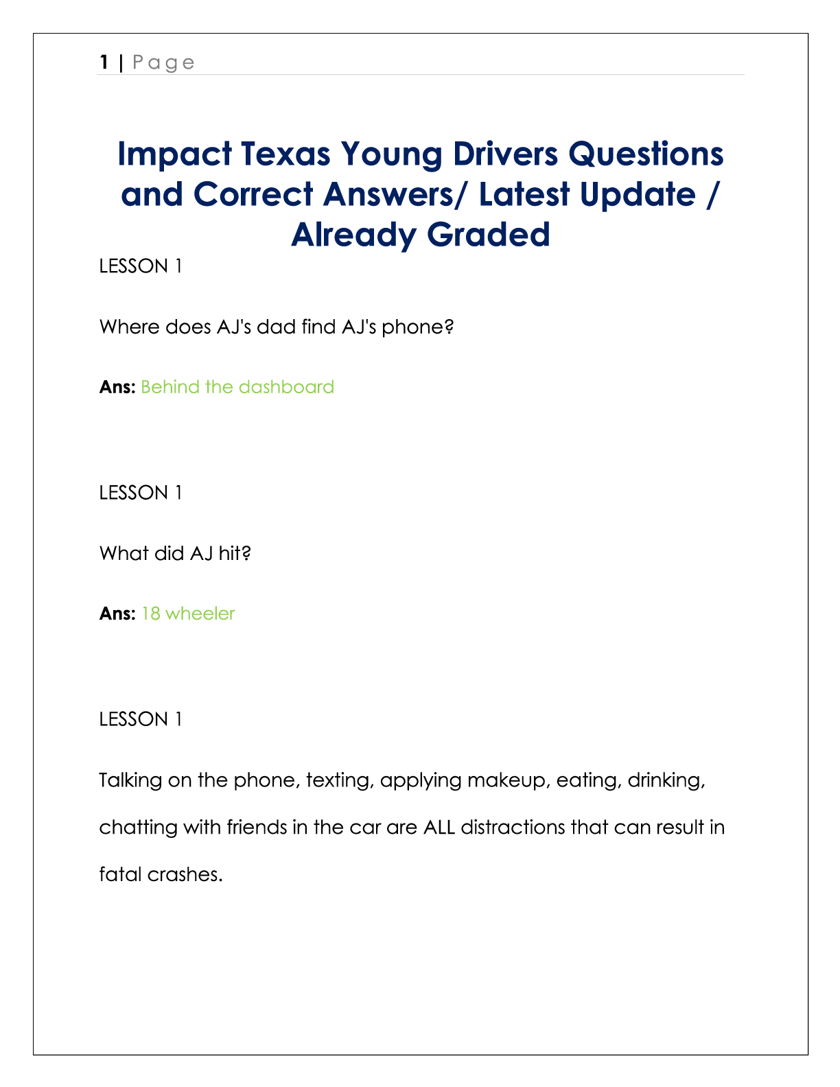 Preview image for Impact Texas Young Drivers Questions and Correct Answers  Latest Update  Already Graded