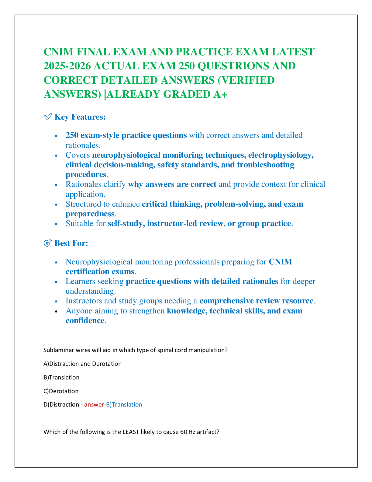 CNIM FINAL EXAM AND PRACTICE EXAM LATEST  2025-2026 ACTUAL EXAM 250 QUESTRIONS AND  CORRECT DETAILED ANSWERS (VERIFIED ANSWERS) |ALREADY GRADED A+