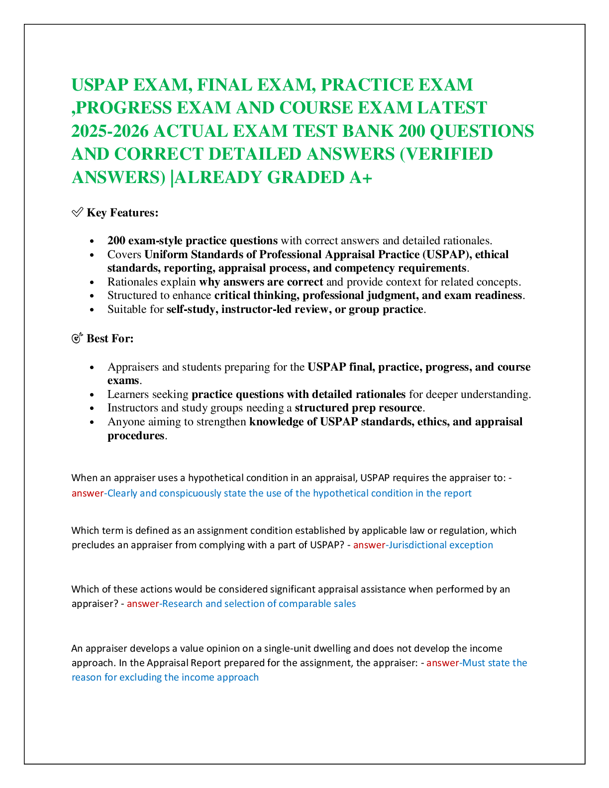 USPAP EXAM, FINAL EXAM, PRACTICE EXAM  ,PROGRESS EXAM AND COURSE EXAM LATEST  2025-2026 ACTUAL EXAM TEST BANK 200 QUESTIONS  AND CORRECT DETAILED ANSWERS (VERIFIED ANSWERS) |ALREADY GRADED A+
