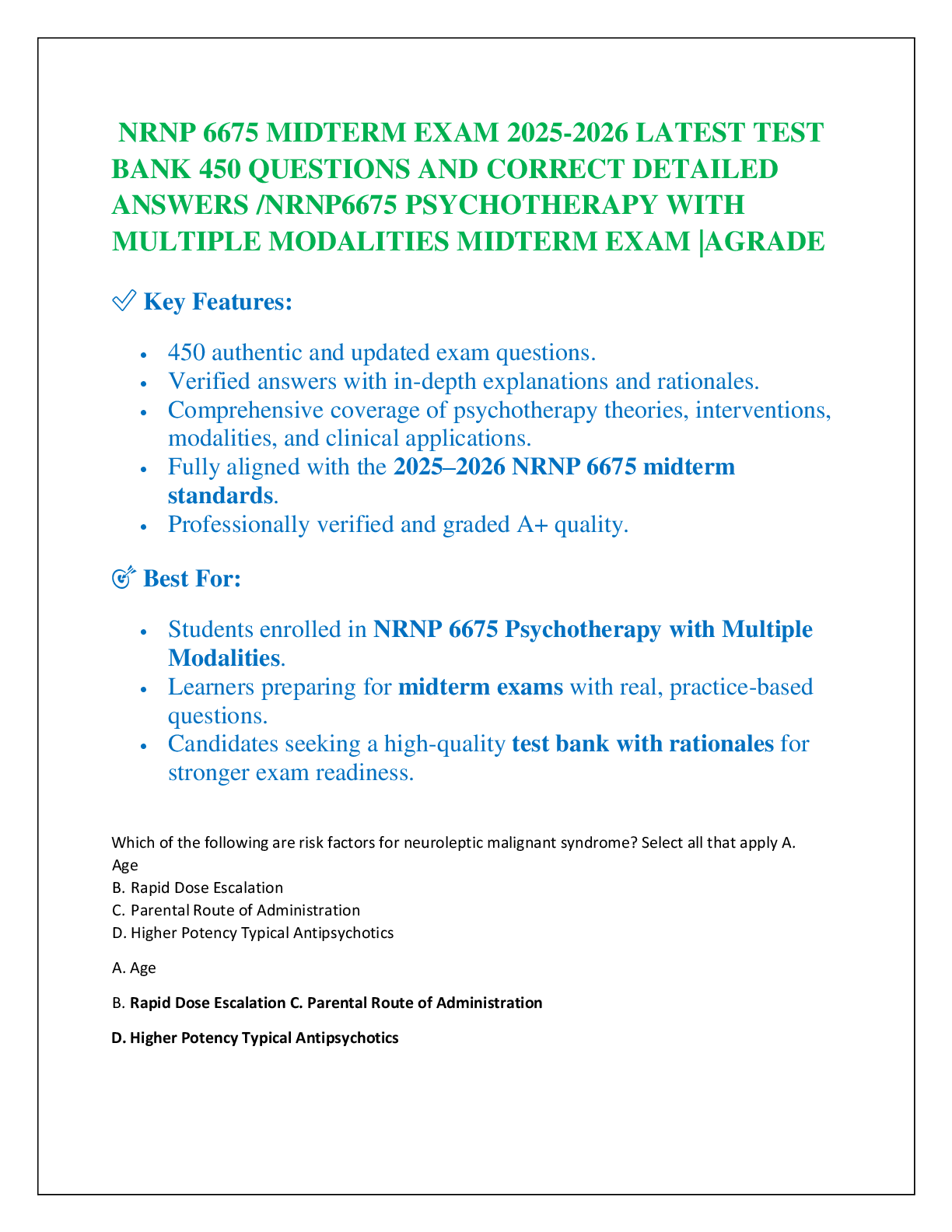 NRNP 6675 MIDTERM EXAM 2025-2026 LATEST TEST  BANK 450 QUESTIONS AND CORRECT DETAILED  ANSWERS /NRNP6675 PSYCHOTHERAPY WITH MULTIPLE MODALITIES MIDTERM EXAM |AGRADE