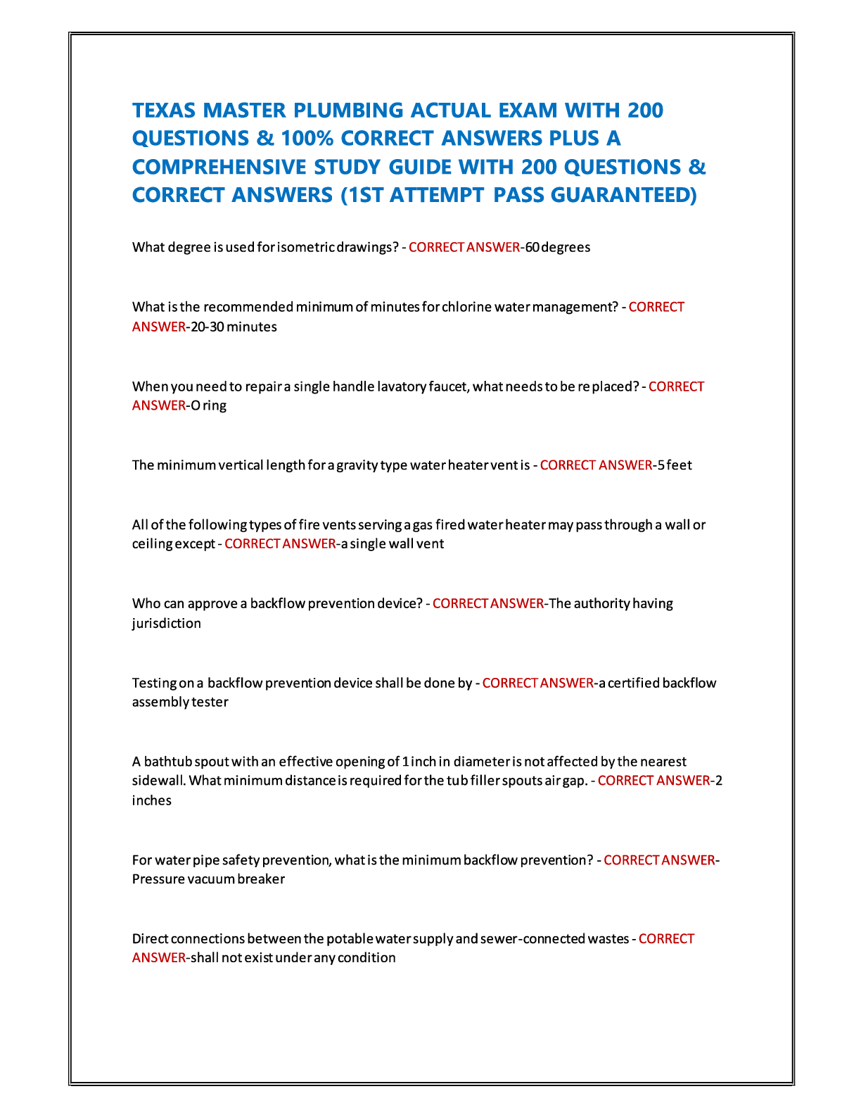 Preview image for Texas Master Plumbing Actual Exam with 200 Questions and 100% Correct Answers