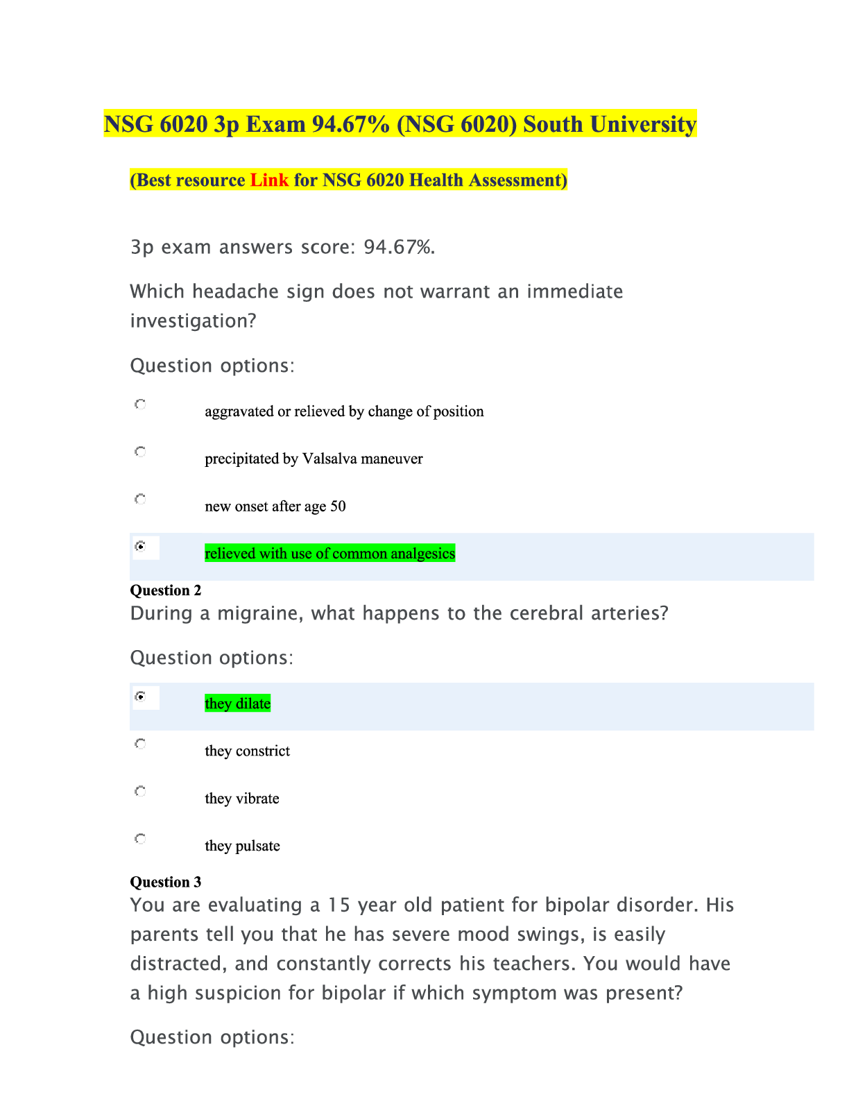Preview image for NSG 6020 3p Exam scored 94.67% at South University. This is the best resource link for NSG 6020  Health Assessment.