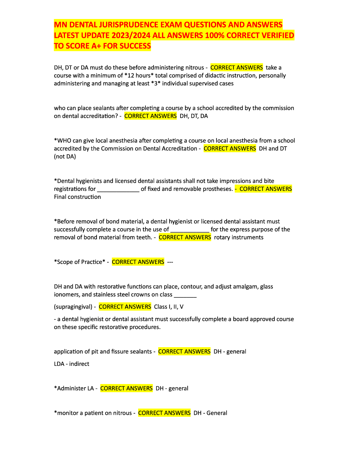 Preview image for MN Dental Jurisprudence Exam Questions and Answers Latest Update 2023-2024 All Answers 100% Correct Verified to Achieve A+ for Success
