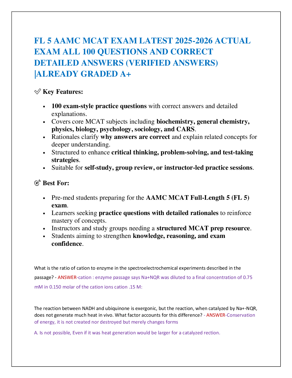 Preview of FL 5 AAMC MCAT EXAM LATEST 2025-2026 ACTUAL  EXAM ALL 100 QUESTIONS AND CORRECT  DETAILED ANSWERS (VERIFIED ANSWERS) |ALREADY GRADED A+