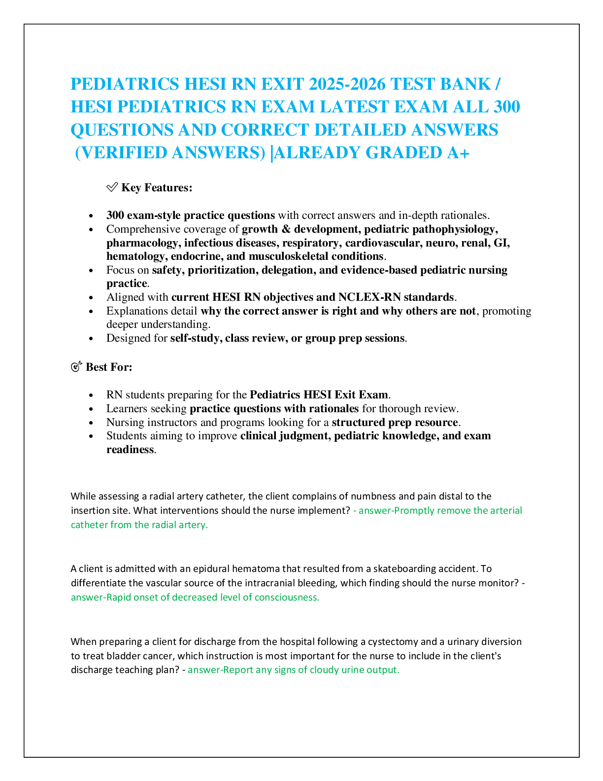 Recommended document preview for PEDIATRICS HESI RN EXIT 2025-2026 TEST BANK /  HESI PEDIATRICS RN EXAM LATEST EXAM ALL 300  QUESTIONS AND CORRECT DETAILED ANSWERS   (VERIFIED ANSWERS) |ALREADY GRADED A+