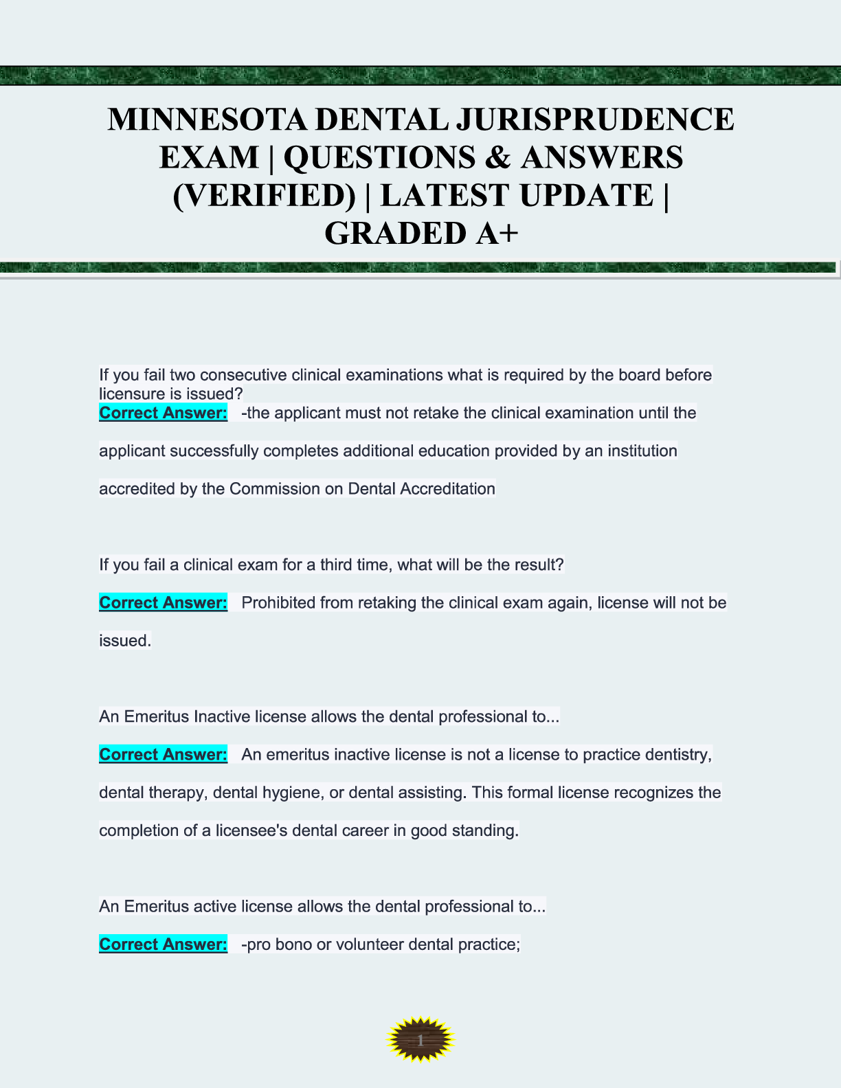 Preview image for MINNESOTA DENTAL JURISPRUDENCE EXAM  QUESTIONS & ANSWERS (VERIFIED)  LATEST UPDATE  GRADED A+