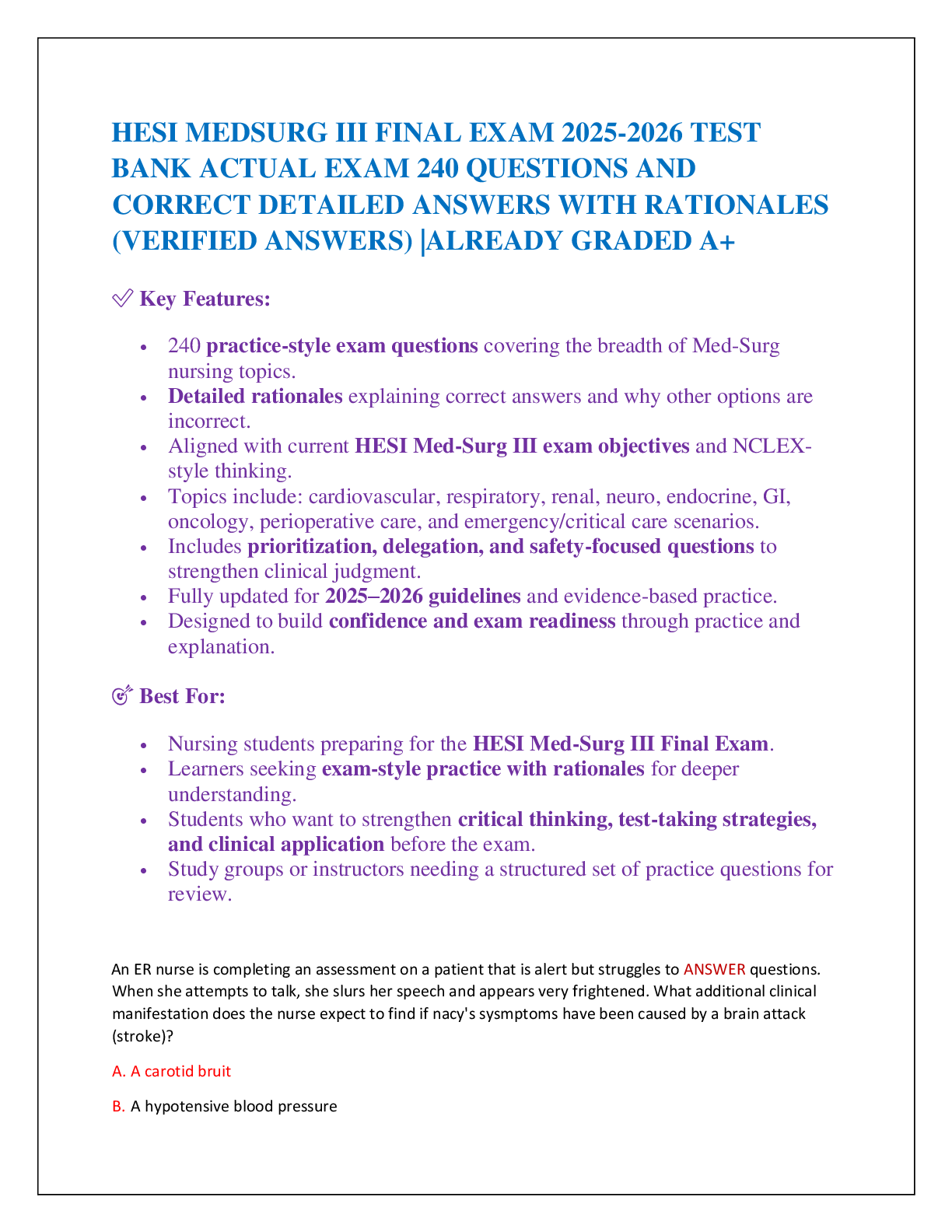 Recommended document preview for HESI MEDSURG III FINAL EXAM 2025-2026 TEST  BANK ACTUAL EXAM 240 QUESTIONS AND CORRECT DETAILED ANSWERS WITH RATIONALES (VERIFIED ANSWERS) |ALREADY GRADED A+