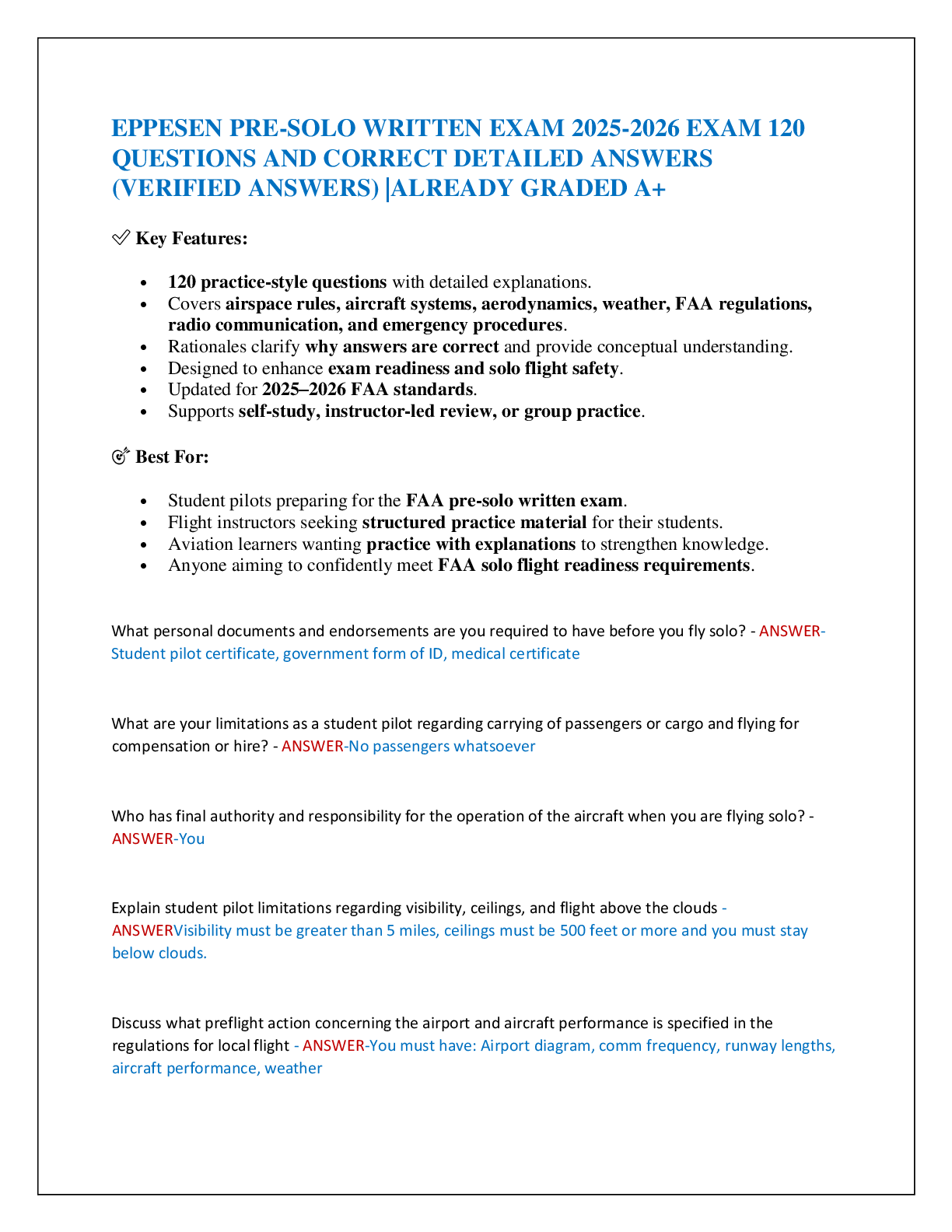 Preview of EPPESEN PRE-SOLO WRITTEN EXAM 2025-2026 EXAM 120 QUESTIONS AND CORRECT DETAILED ANSWERS (VERIFIED ANSWERS) |ALREADY GRADED A+