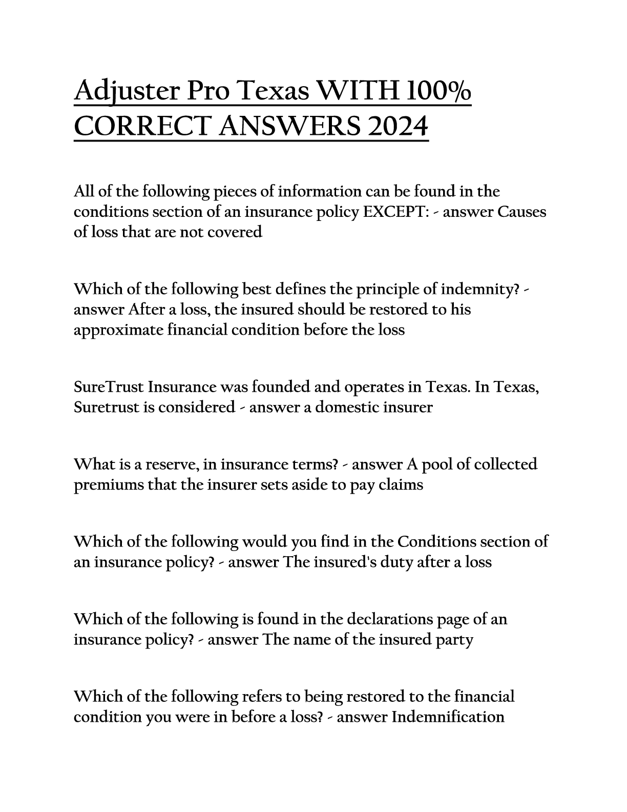 Preview image for Adjuster Pro Texas with 100% correct answers 2024