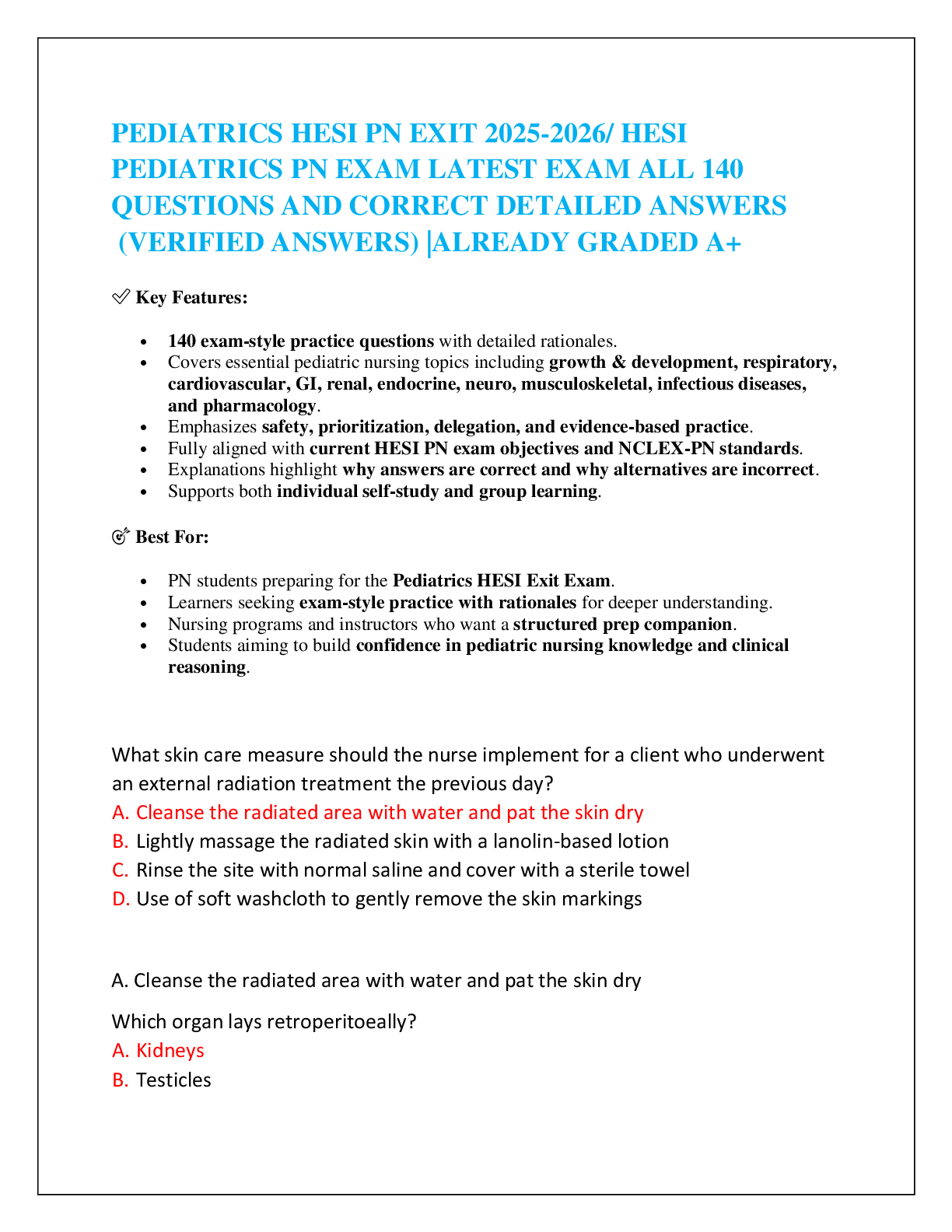 Recommended document preview for PEDIATRICS HESI PN EXIT 2025-2026/ HESI  PEDIATRICS PN EXAM LATEST EXAM ALL 140  QUESTIONS AND CORRECT DETAILED ANSWERS   (VERIFIED ANSWERS) |ALREADY GRADED A+