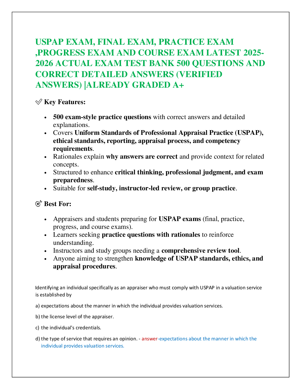 USPAP EXAM, FINAL EXAM, PRACTICE EXAM  ,PROGRESS EXAM AND COURSE EXAM LATEST 2025-2026 ACTUAL EXAM TEST BANK 500 QUESTIONS AND  CORRECT DETAILED ANSWERS (VERIFIED ANSWERS) |ALREADY GRADED A+