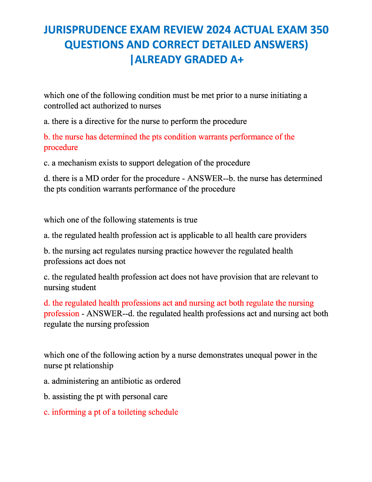 Preview of Jurisprudence Exam Review 2024 Actual Exam 350 Questions and Correct Detailed Answers  Alr