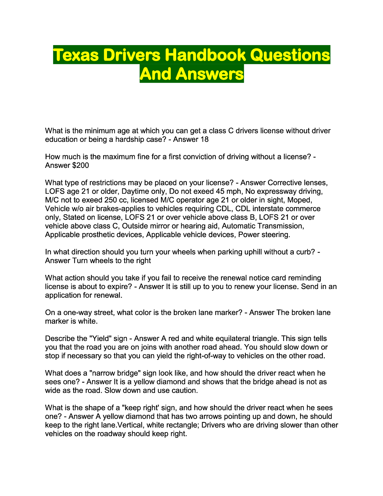 Preview image for Texas Drivers Handbook Questions And Answers