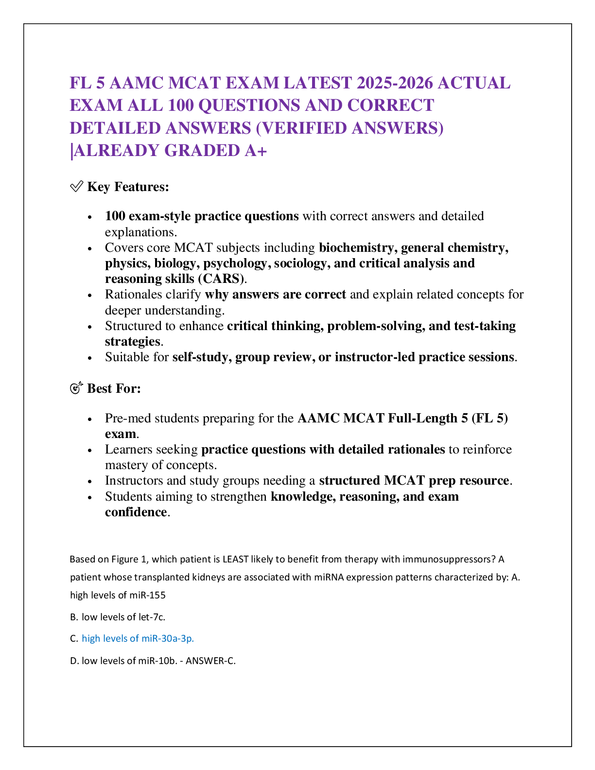 FL 5 AAMC MCAT EXAM LATEST 2025-2026 ACTUAL  EXAM ALL 100 QUESTIONS AND CORRECT  DETAILED ANSWERS (VERIFIED ANSWERS) |ALREADY GRADED A+