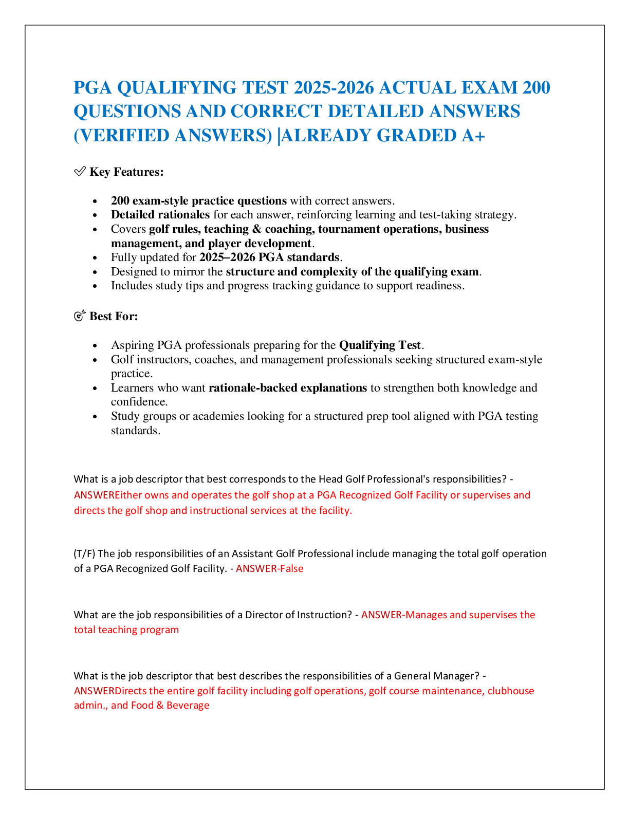 PGA QUALIFYING TEST 2025-2026 ACTUAL EXAM 200  QUESTIONS AND CORRECT DETAILED ANSWERS  (VERIFIED ANSWERS) |ALREADY GRADED A+
