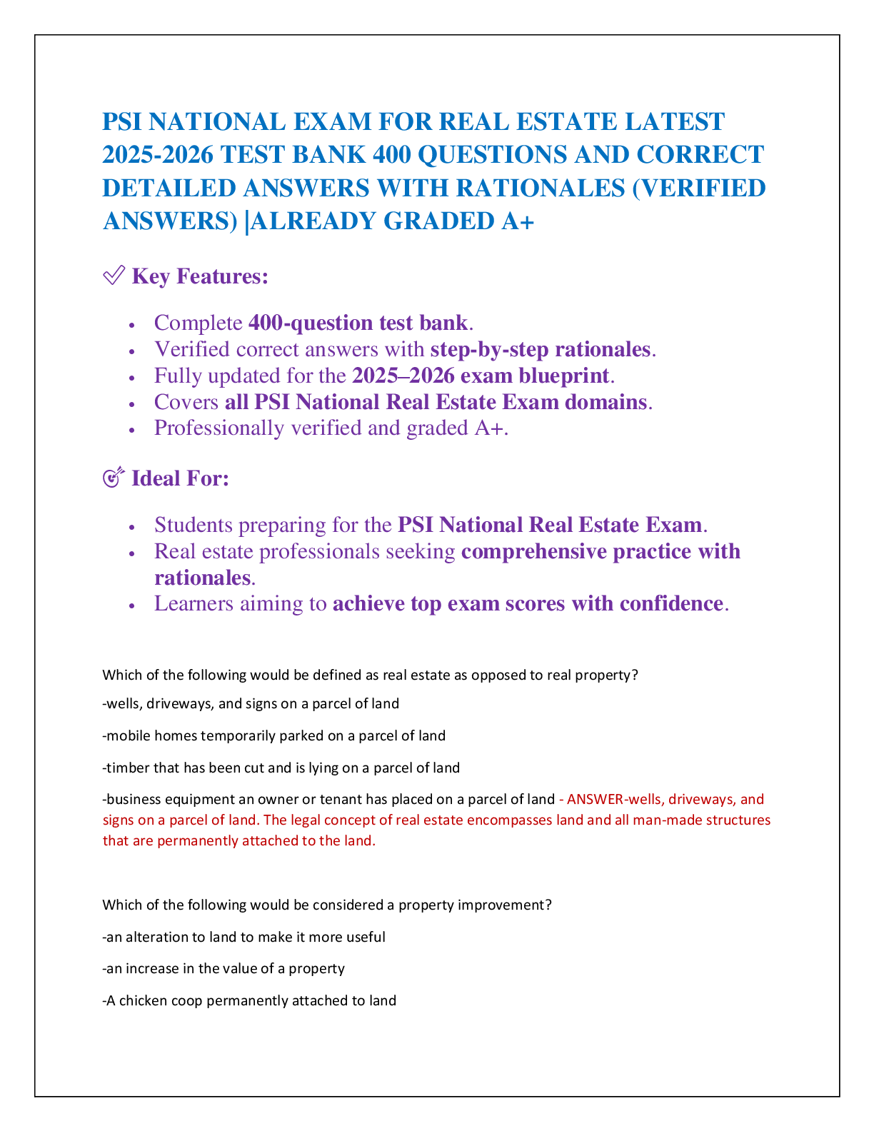 PSI NATIONAL EXAM FOR REAL ESTATE LATEST  2025-2026 TEST BANK 400 QUESTIONS AND CORRECT  DETAILED ANSWERS WITH RATIONALES (VERIFIED ANSWERS) |ALREADY GRADED A+