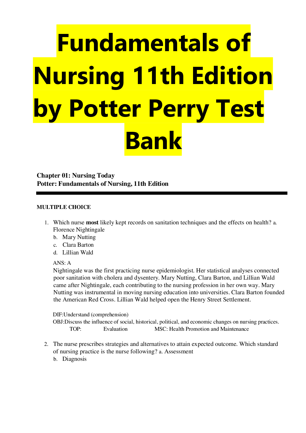 Test Bank Fundamentals of Nursing 11th Edition by Potter Perry