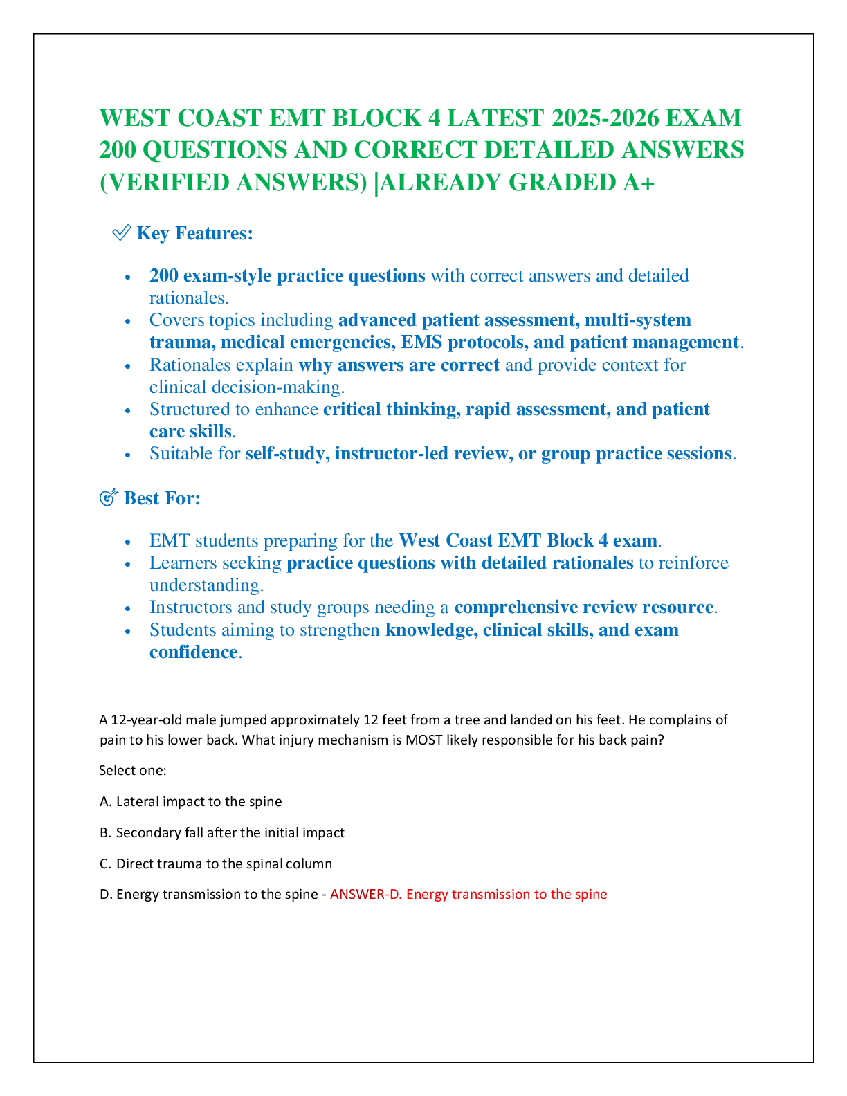 WEST COAST EMT BLOCK 4 LATEST 2025-2026 EXAM  200 QUESTIONS AND CORRECT DETAILED ANSWERS  (VERIFIED ANSWERS) |ALREADY GRADED A+