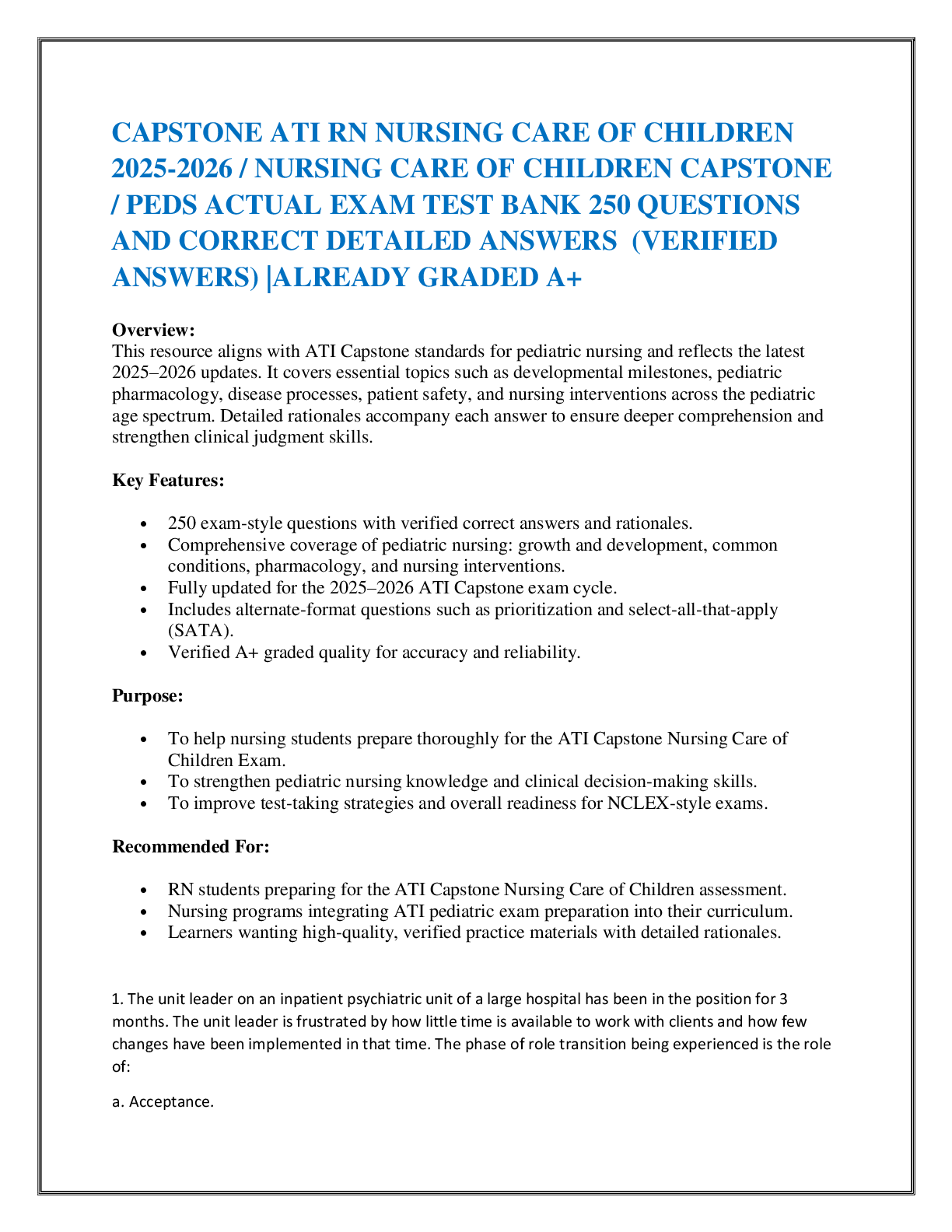 Recommended document preview for CAPSTONE ATI RN NURSING CARE OF CHILDREN  2025-2026 / NURSING CARE OF CHILDREN CAPSTONE  / PEDS ACTUAL EXAM TEST BANK 250 QUESTIONS  AND CORRECT DETAILED ANSWERS  (VERIFIED ANSWERS) |ALREADY GRADED A+