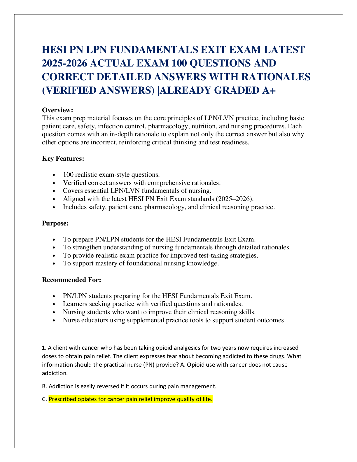 Preview of HESI PN LPN FUNDAMENTALS EXIT EXAM LATEST  2025-2026 ACTUAL EXAM 100 QUESTIONS AND  CORRECT DETAILED ANSWERS WITH RATIONALES (VERIFIED ANSWERS) |ALREADY GRADED A+