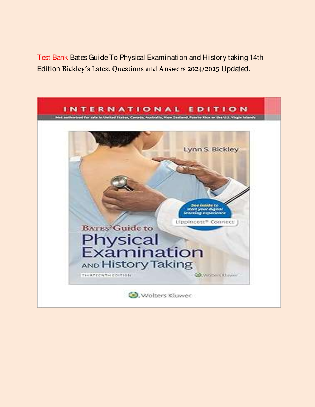 Preview image for Test Bank Bates Guide To Physical Examination and History taking 14th Edition Bickley’s Latest Questions and Answers 2024/2025 Updated.