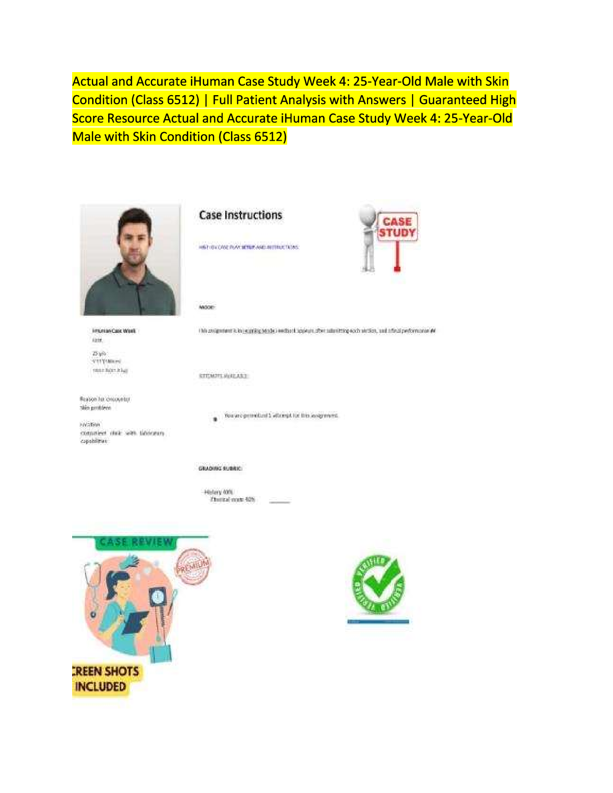 Preview image for Real and Precise iHuman Case Study Week 4 25-Year-Old Man with Skin Condition (Class 6512)  Comprehensive Patient Analysis with Answers  Guaranteed High Score Resource Real and Precise iHuman Case Study Week 4 25-Year-Old