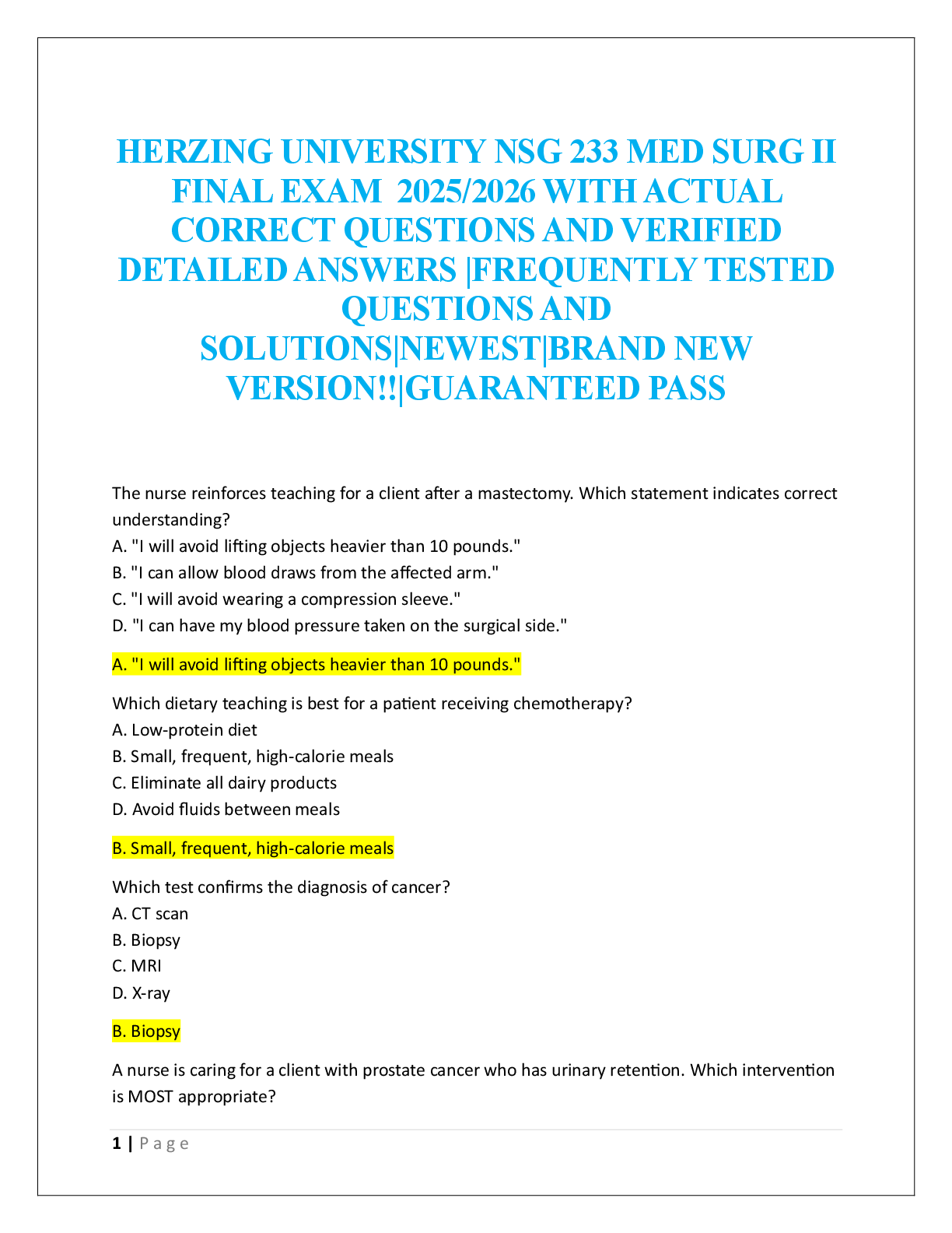 Recommended document preview for HERZING UNIVERSITY NSG 233 MED SURG II  FINAL EXAM   
