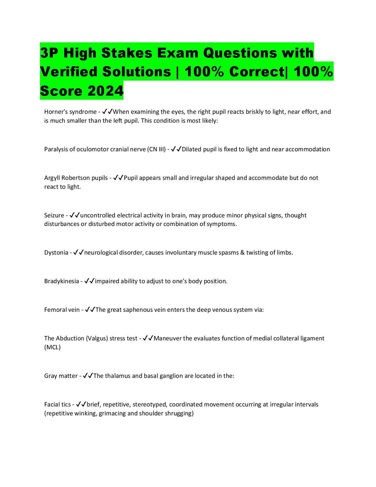 Preview image for 3P High Stakes Exam Questions with  Verified Solutions | 100% Correct