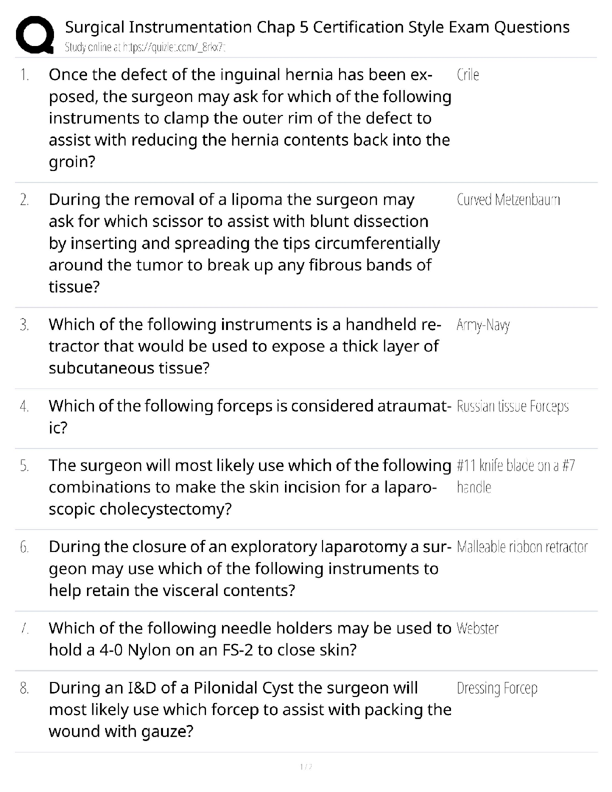 Surgical Instrumentation Chap 5 Test Bank / Certification Exam Prep / 2025 Update / Score 100%