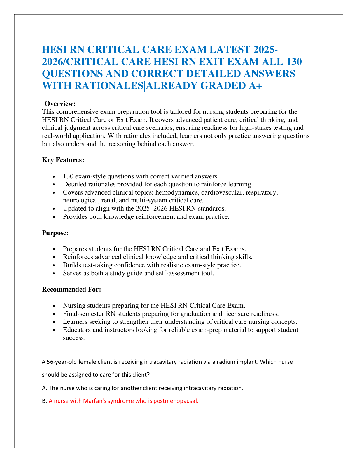 Recommended document preview for HESI RN CRITICAL CARE EXAM LATEST 2025-2026/CRITICAL CARE HESI RN EXIT EXAM ALL 130 QUESTIONS AND CORRECT DETAILED ANSWERS WITH RATIONALES|ALREADY GRADED A+