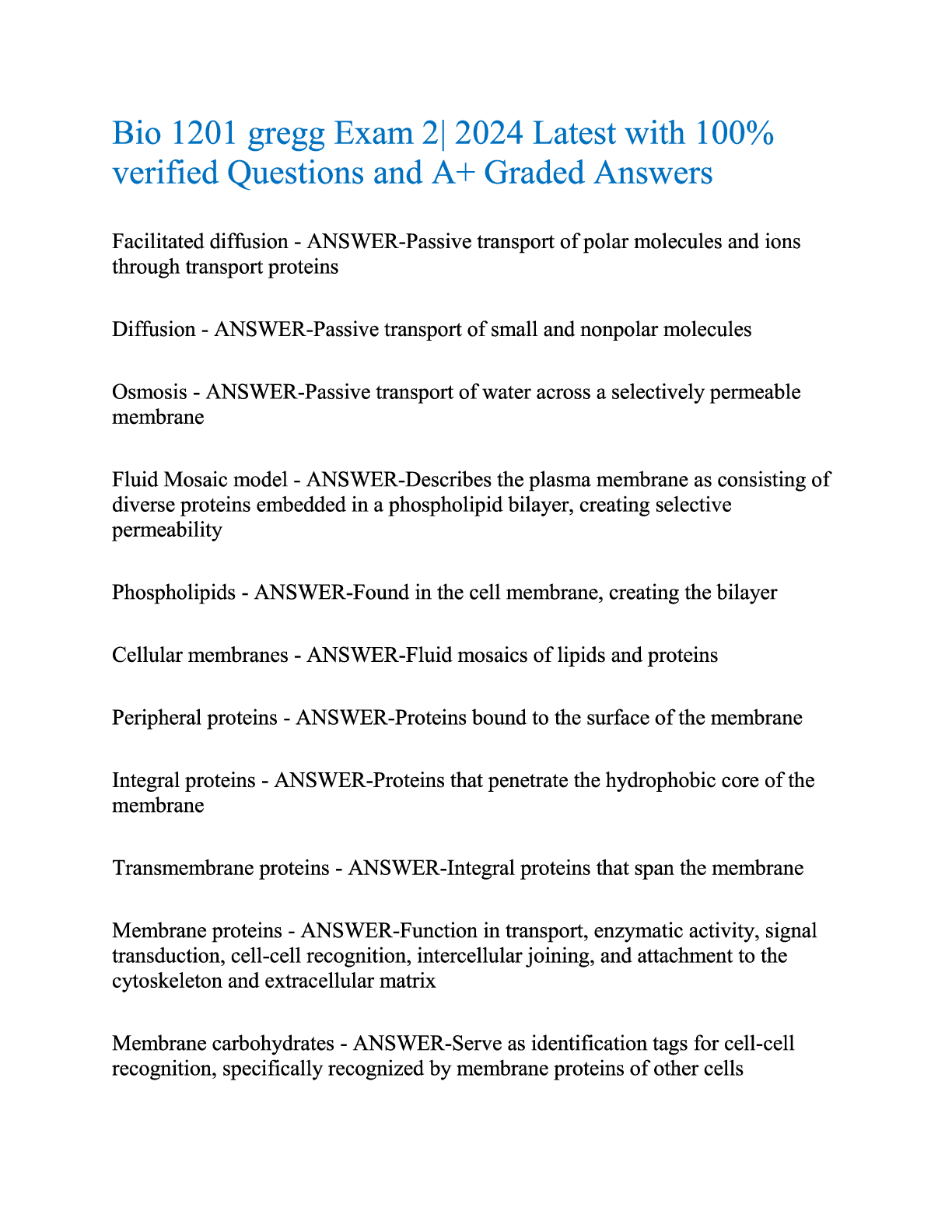 Preview image for Bio 1201 Gregg Exam 2  2024 Latest with 100% Verified Questions and A+ Graded Answers